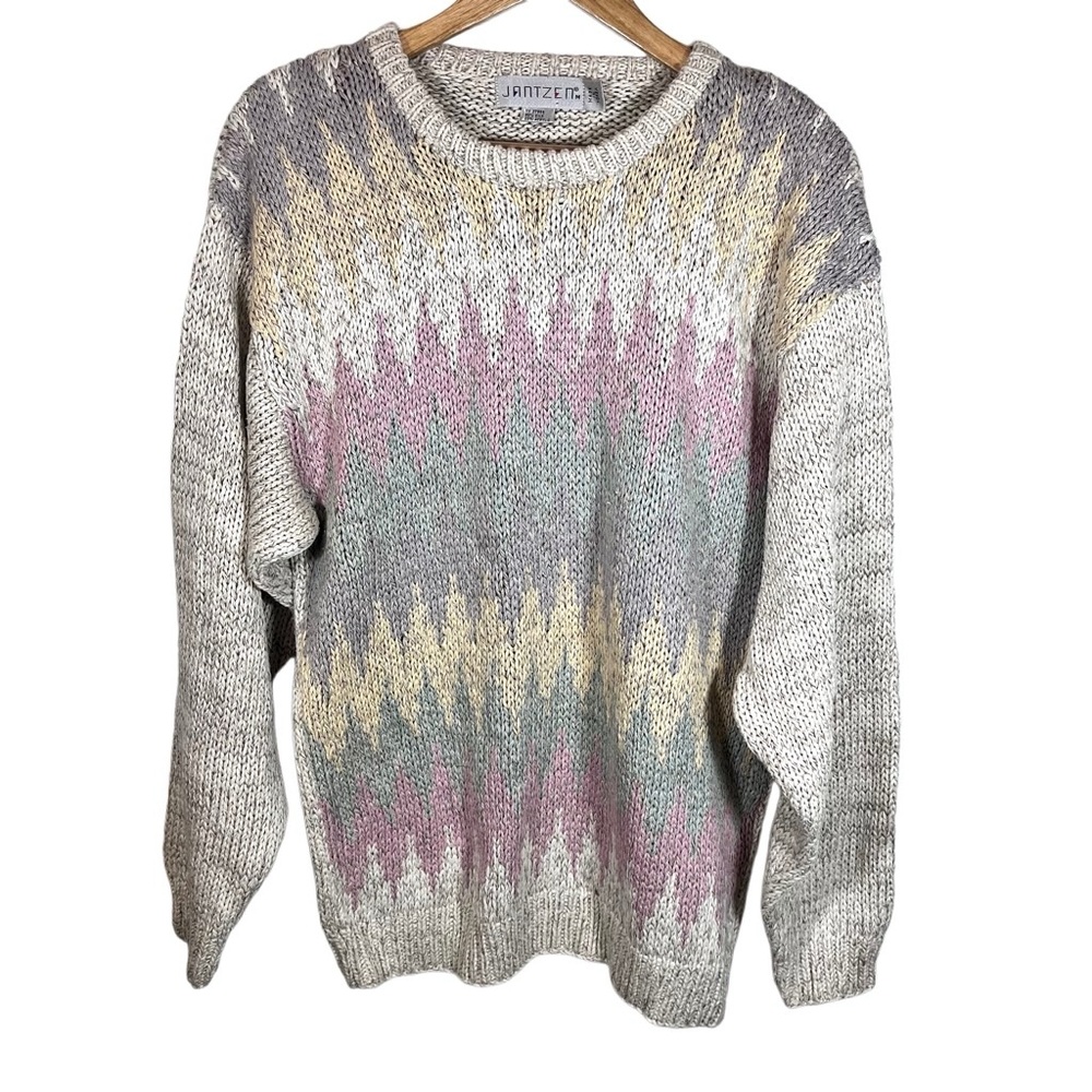 Vintage 80s Jantzen Pastel Zigzag Silk Blend Knit Sweater Medium Korea